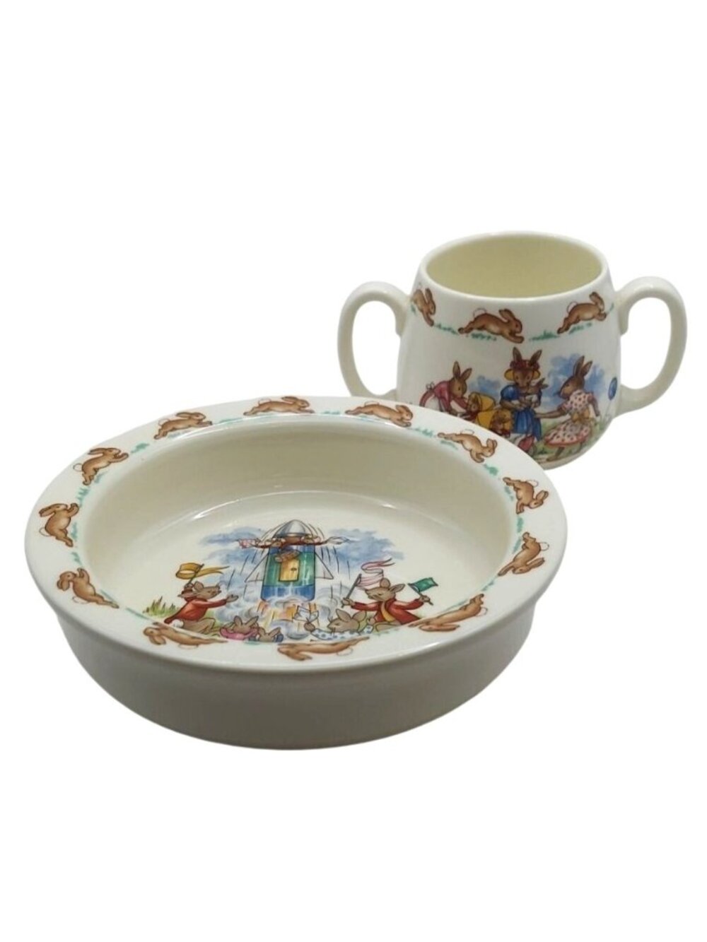 Royal Doulton Bunnykins Baby Set Bowl & 2-Handled Mug Fine Bone China England